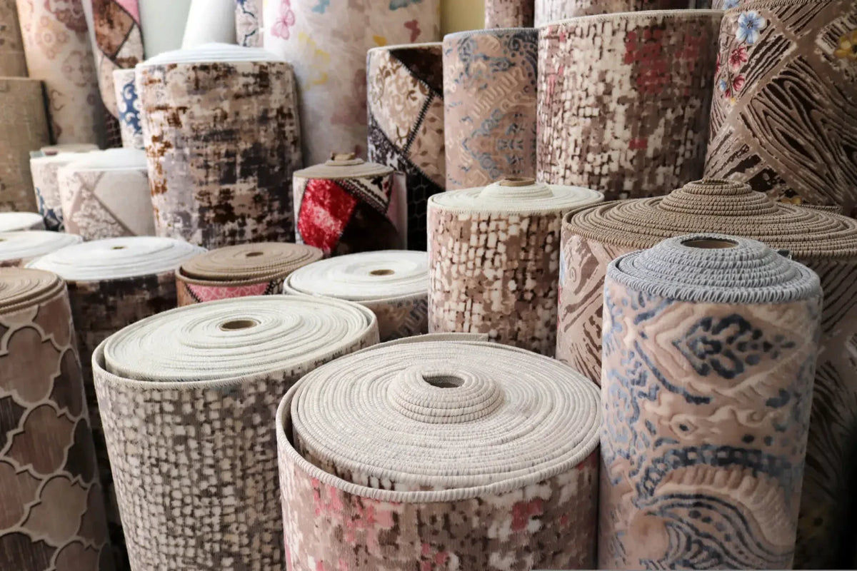 Collection of rolled carpets and rugs showcasing various patterns for living rooms and family rooms