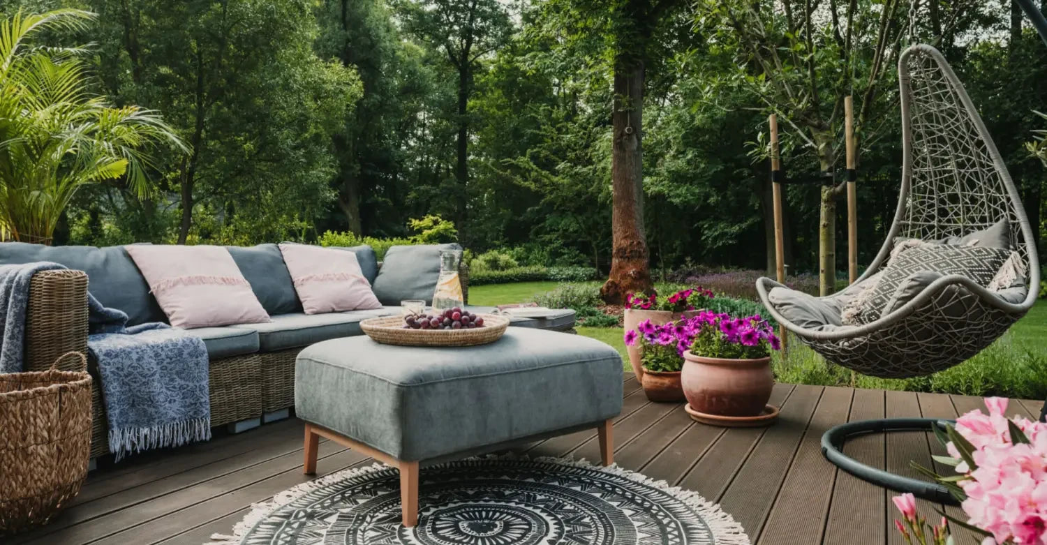 Outdoor furniture trends featuring a cozy sofa, ottoman, and egg chair in lush greenery.