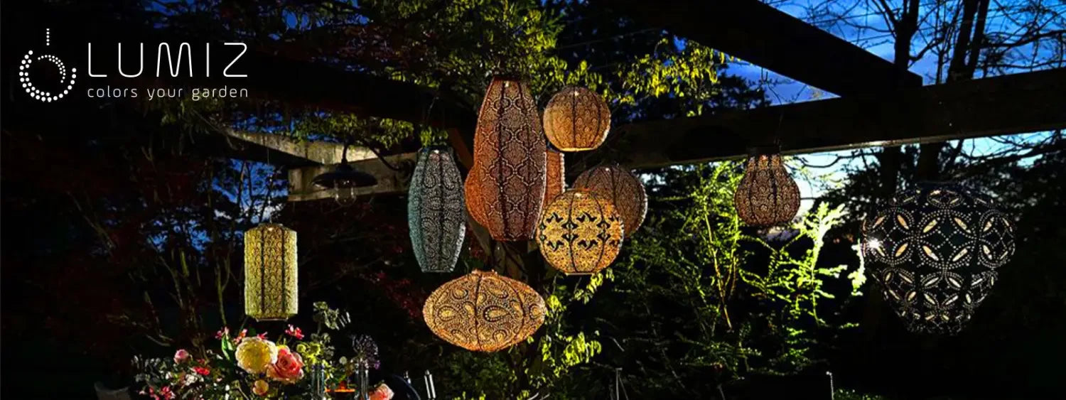 Decorative lumiz outdoor solar lanterns with intricate patterns and various shapes.