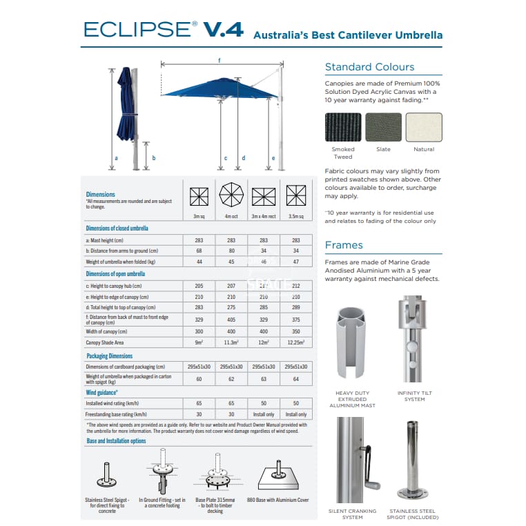 Eclipse V4 - 3.5m SQ. Natural Cantilever Umbrella - Cantilever Side Post Umbrella - Instant Shade