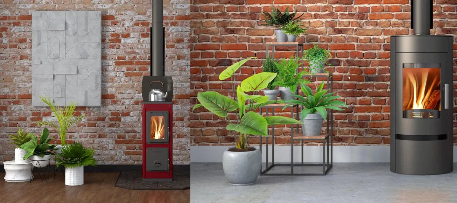 Two stylish wood-burning stoves with flames, enhancing fireplace accessories in an interior.