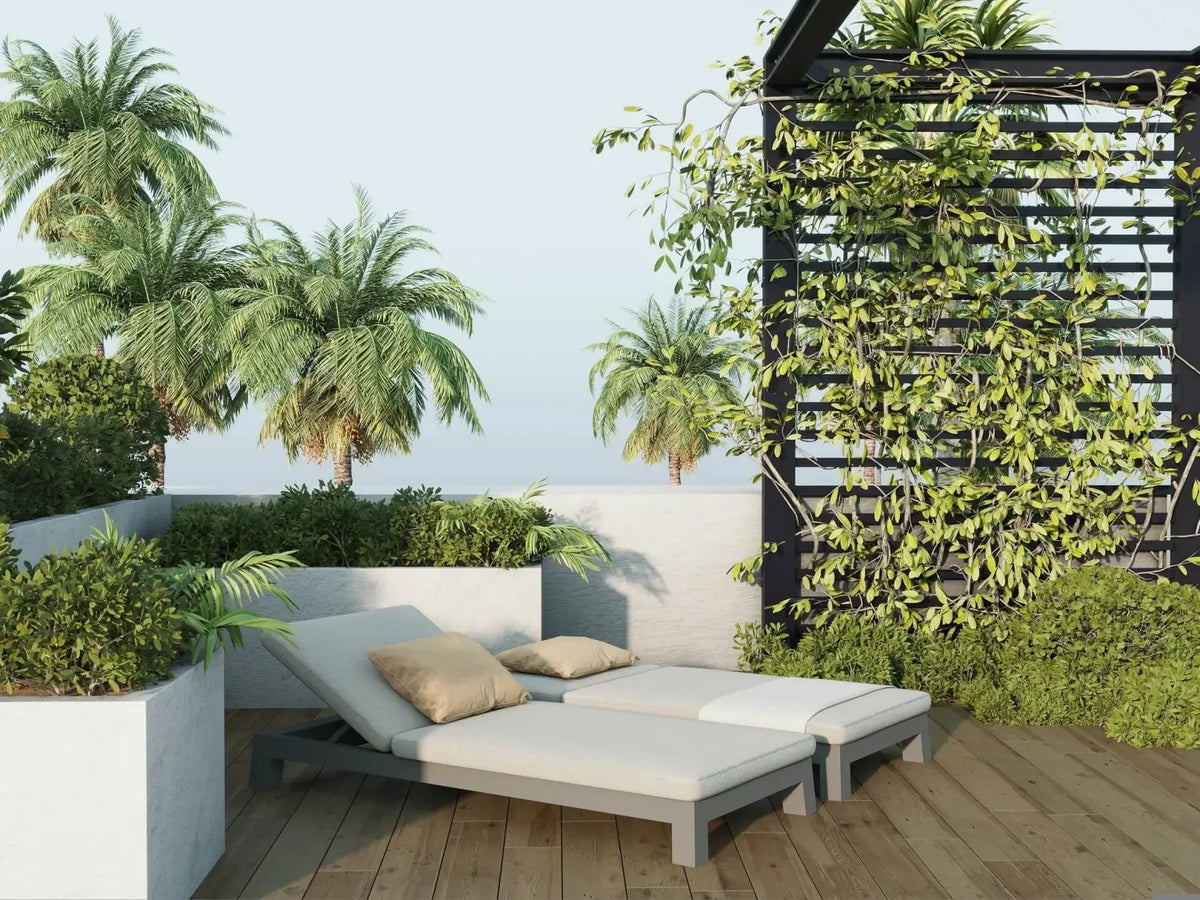 Stylish outdoor lounge chairs with cushions on a wooden deck for ultimate comfort.