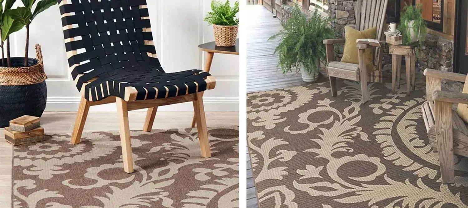 Patterned outdoor rug from Alfresco Range in brown and beige floral design.