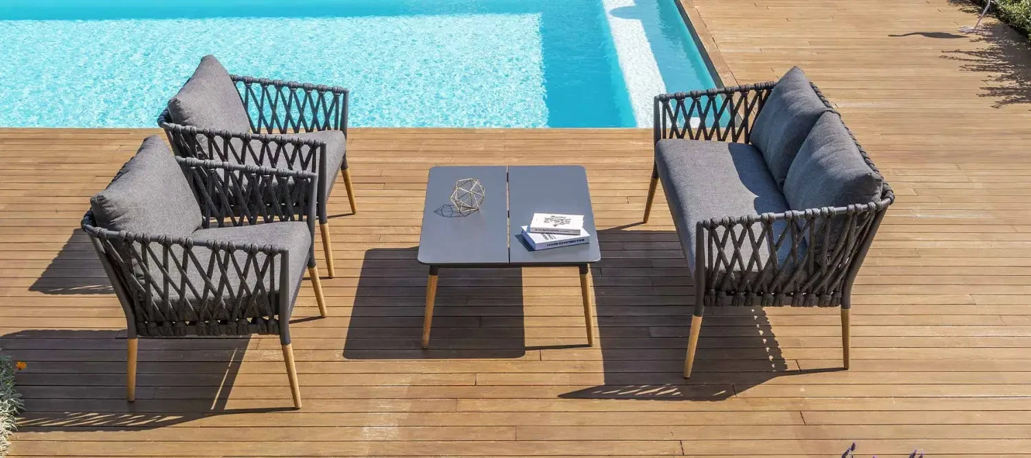 Ipanema Collection outdoor furniture set with woven chairs by a swimming pool.