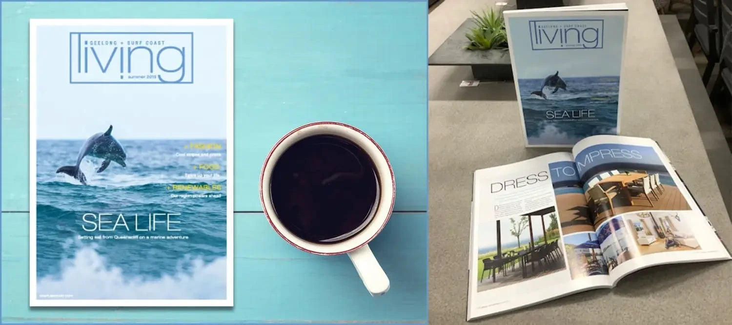 Magazine cover of Living featuring a dolphin, highlighting Surf Coast local culture.