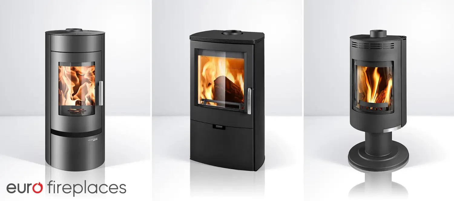 Three Euro Fireplaces featuring wood heaters with glass doors showcasing flickering flames.