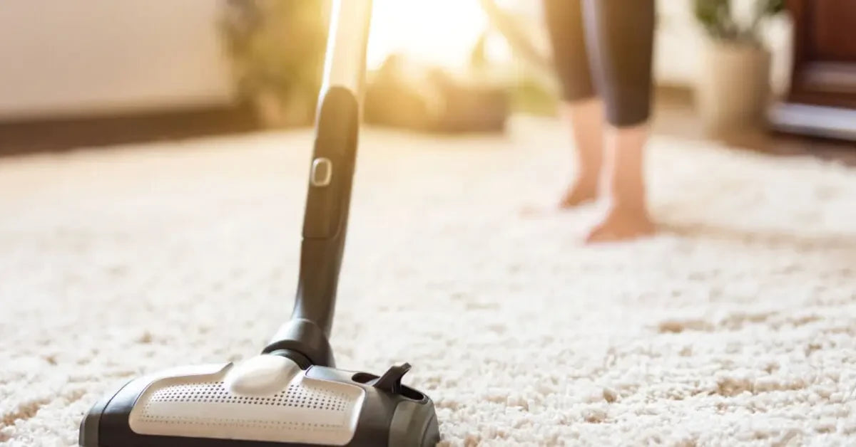 Vacuum cleaner on carpeted floor for maintaining Bayliss rugs from sale online.