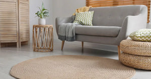 Stylish rug on floor in living room