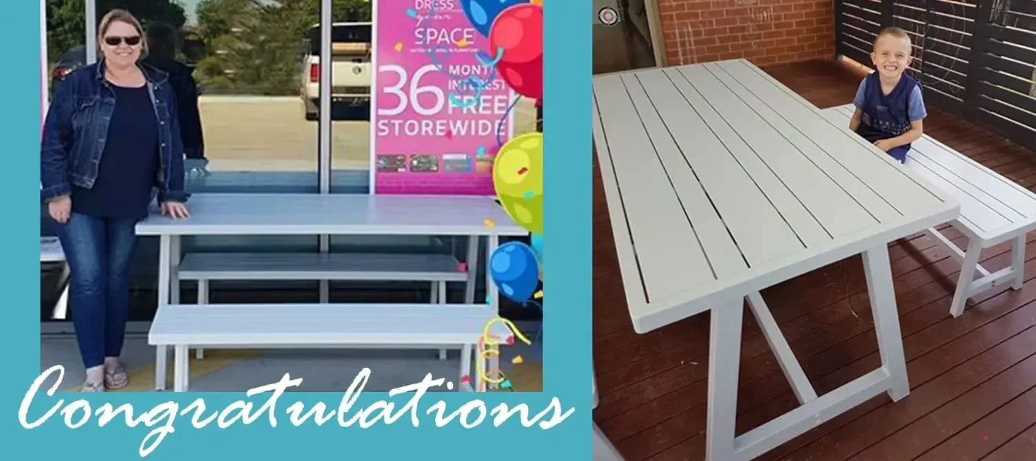 White wooden picnic table set, perfect for outdoor dining celebrations on your Facebook page.