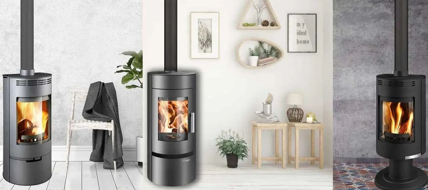 Wood-burning stoves with flames showcasing a cost-effective home heating solution.
