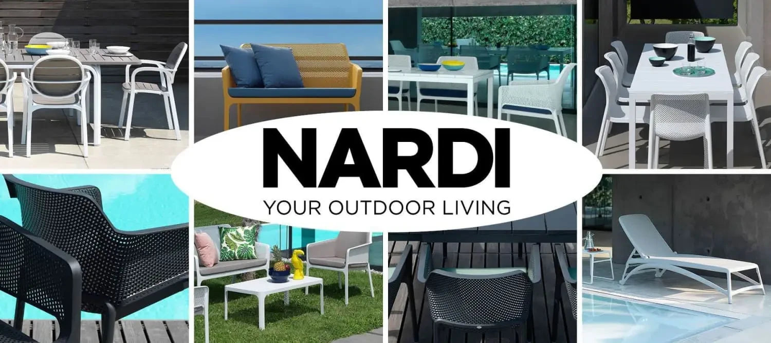 Collage of Nardi outdoor furniture featuring stylish patio and poolside seating options.
