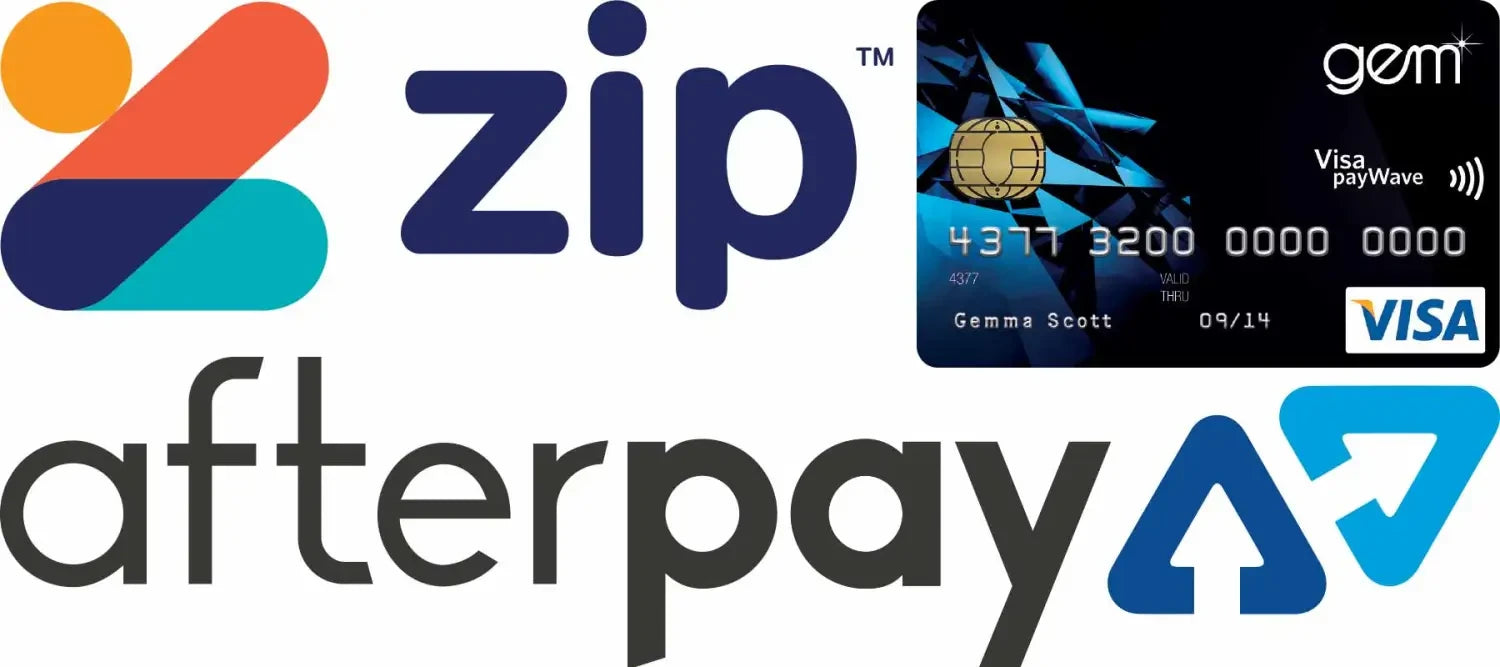 Logos of Zip, Afterpay, and Gem Visa for quality on-trend indoor outdoor furniture.