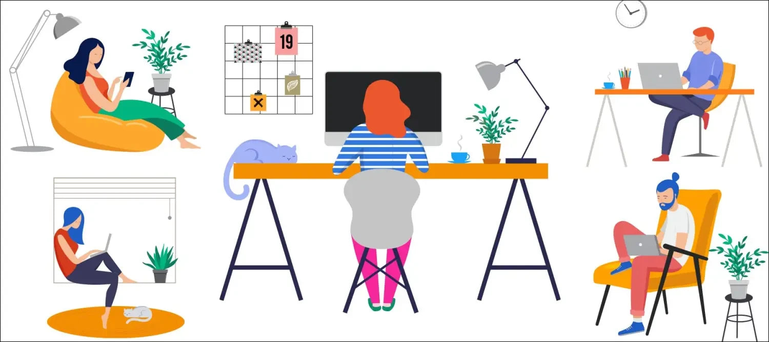 Illustration of diverse people suddenly working or relaxing with Luca desk and bar stools.