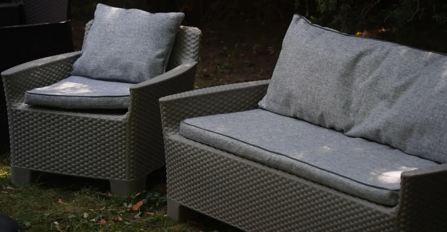 Outdoor furniture set with woven armchair and loveseat for your outdoor space.