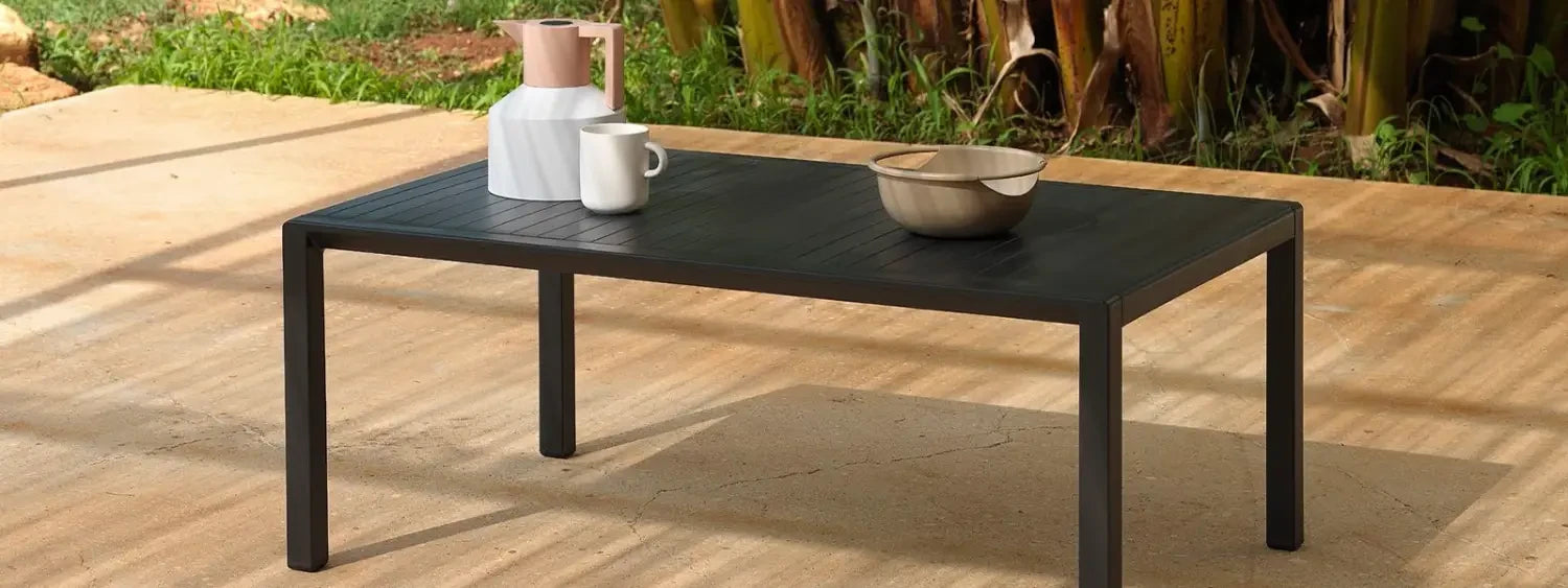 Black outdoor coffee table with a sleek metal frame in the Coffee & Side Tables collection
