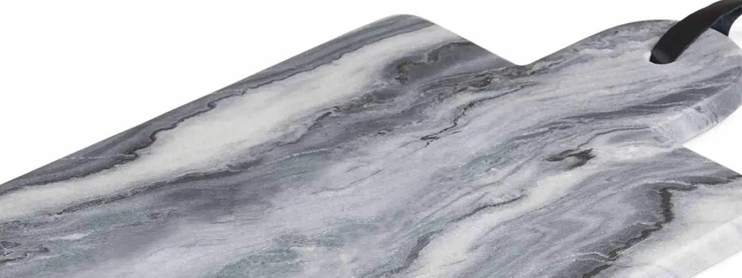 Marble-patterned cutting board with handle from the Cafe Series, perfect for serving.