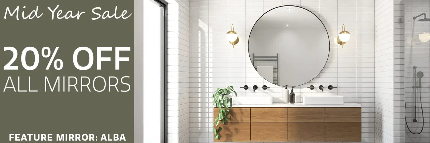 Circular mirror with thin frame above wooden vanity in modern bathroom for Indoor Mirrors