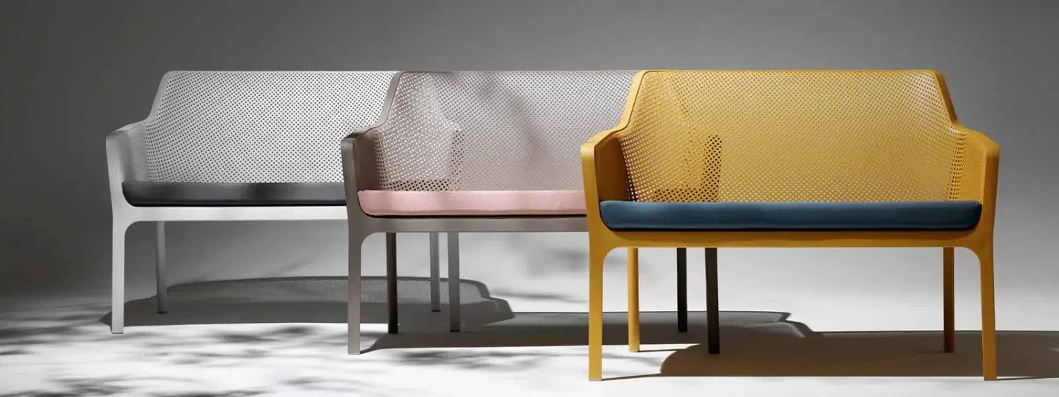 Set of modern minimalist armchairs in various colors from the Outdoor Benches collection to buy online.