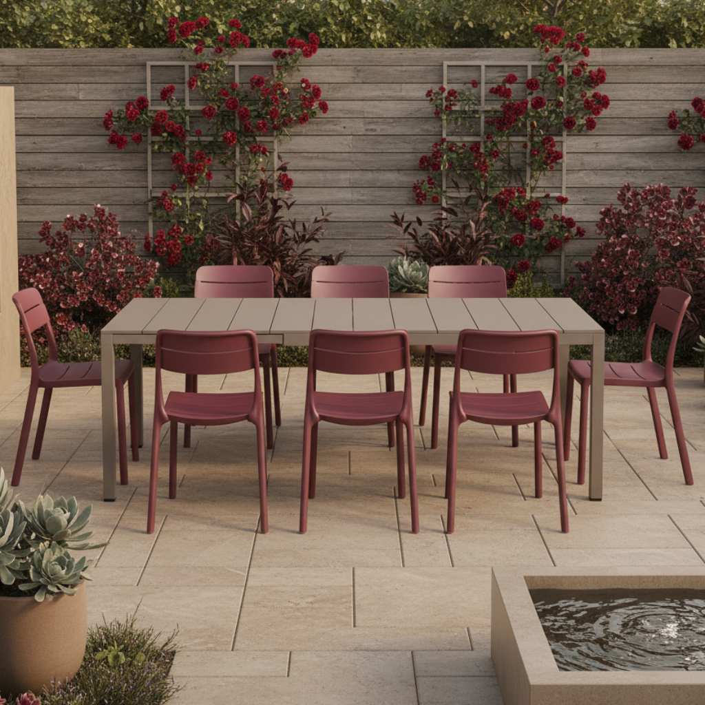 Nardi Rio Aluminium Taupe Ext. & Cassia Borgogna Armless Chairs 7, 9 or 11 piece Dining Setting