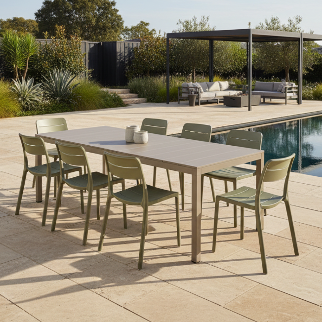 Nardi Rio Aluminium Taupe Ext. & Cassia Cactus Armless Chairs 7, 9 or 11 piece Dining Setting