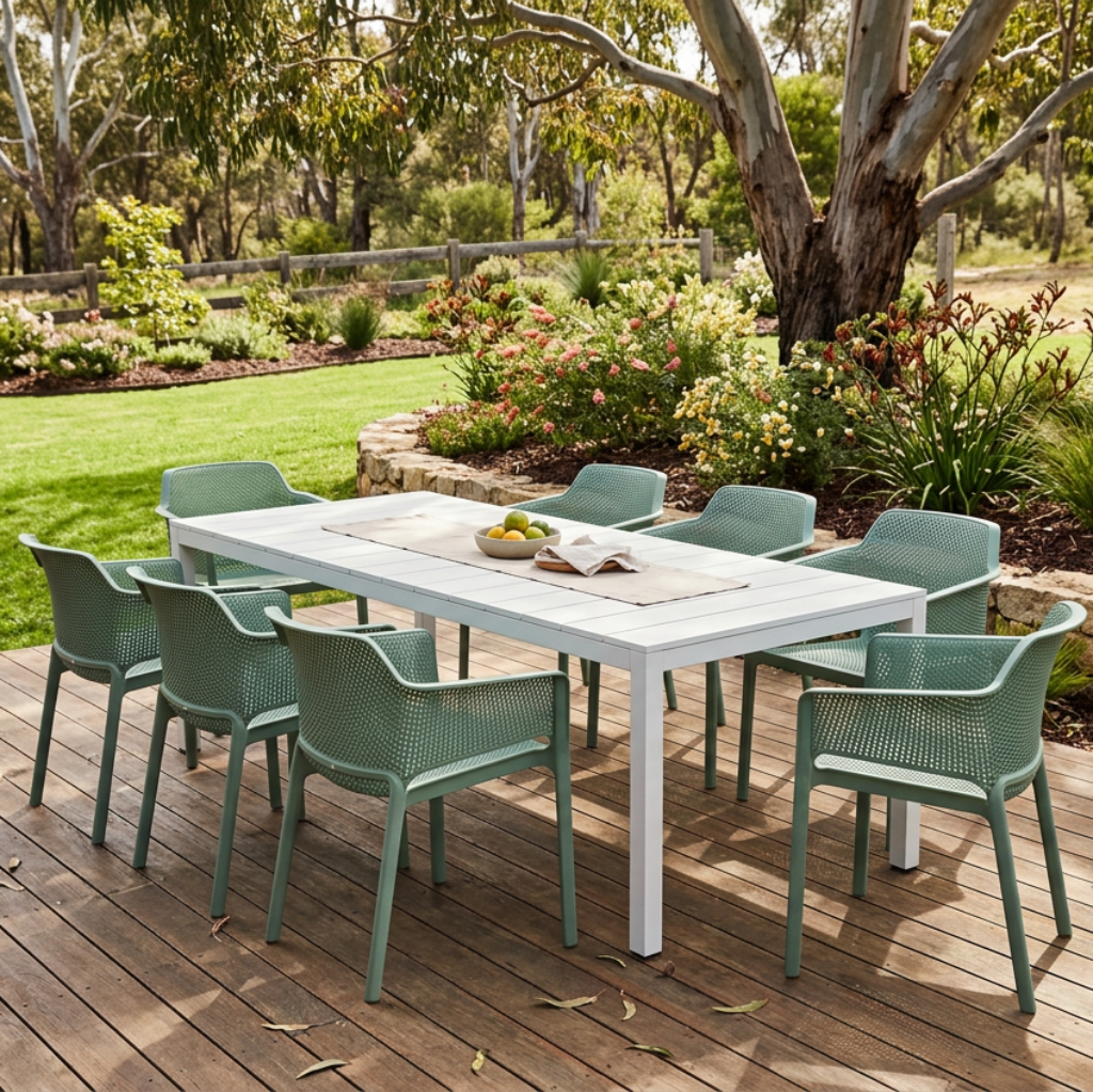 Nardi Rio Aluminium Extension Bianco (White) Table & Net Salice (Jade) Chair 7, 9 or 11 piece Dining Setting