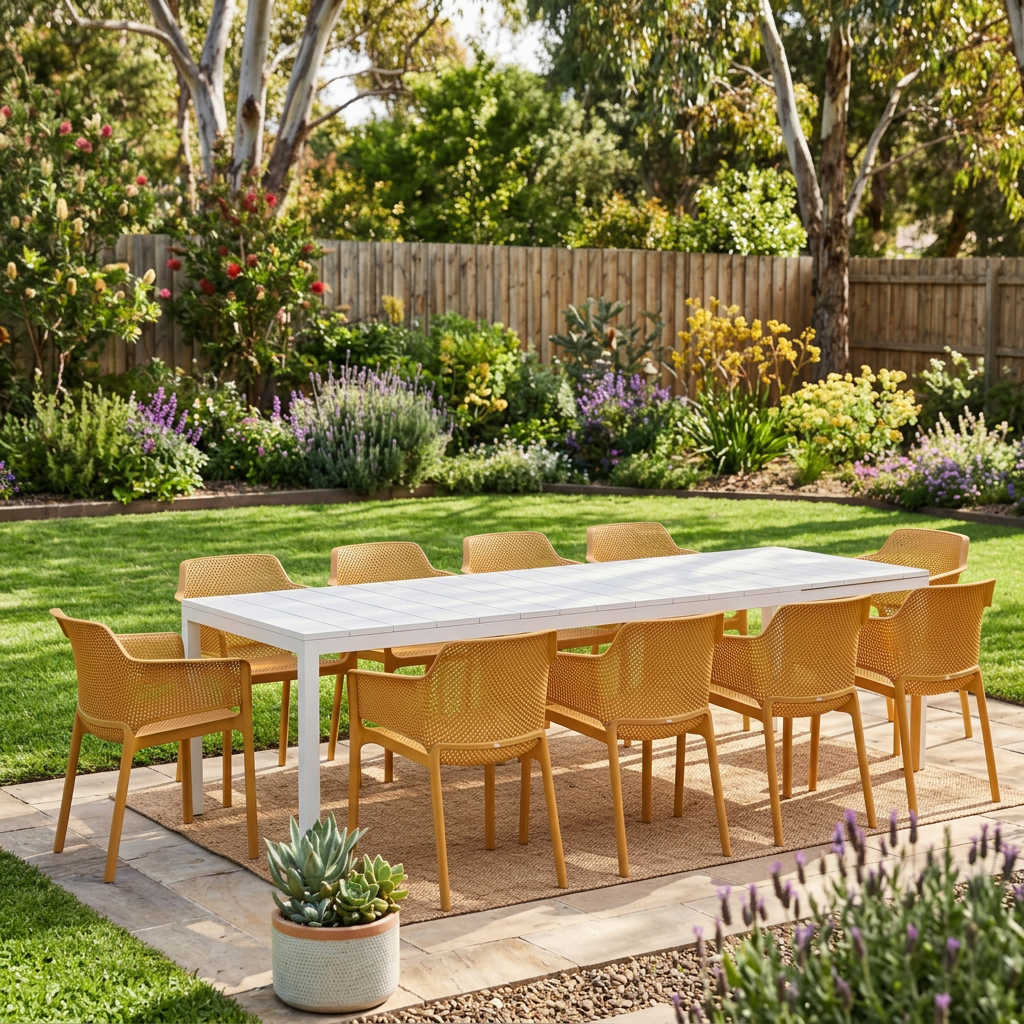 Nardi Rio Resin Extension Bianco (White) Table & Net Senape (Mustard) Chair 7, 9 or 11 piece Dining Setting