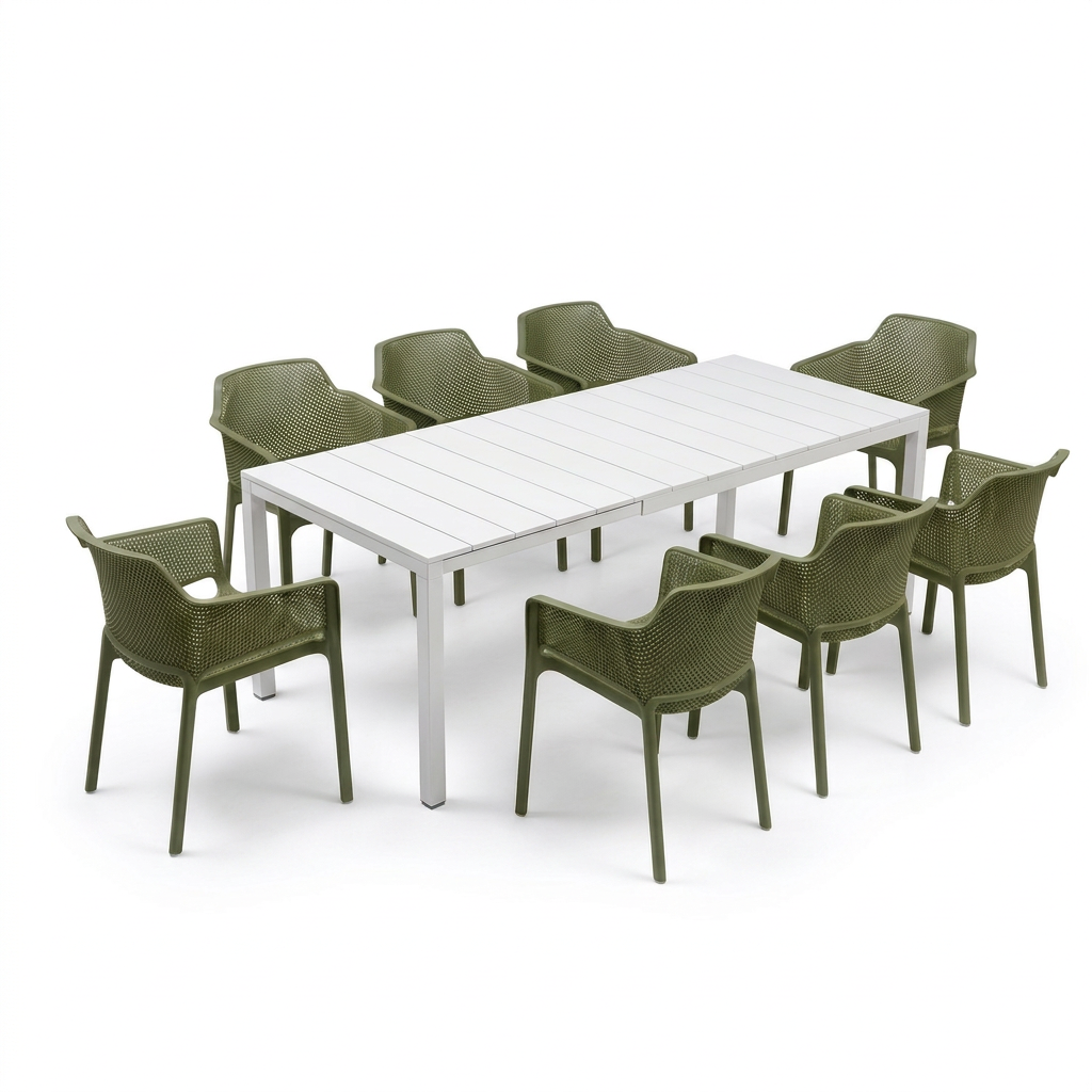 Nardi Rio Aluminium Extension Bianco (White) Table & Net Agave (Green) Chair 7, 9 or 11 piece Dining Setting