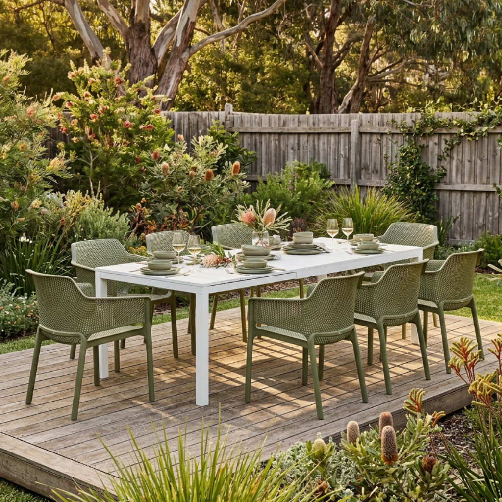 Nardi Rio Aluminium Extension Bianco (White) Table & Net Agave (Green) Chair 7, 9 or 11 piece Dining Setting