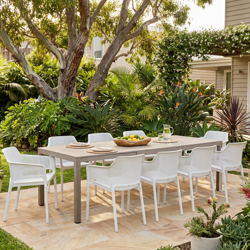 Nardi Rio Aluminium Extension Tortora (Taupe) Table & Net Bianco (White) Chair 7, 9 or 11 piece Dining Setting