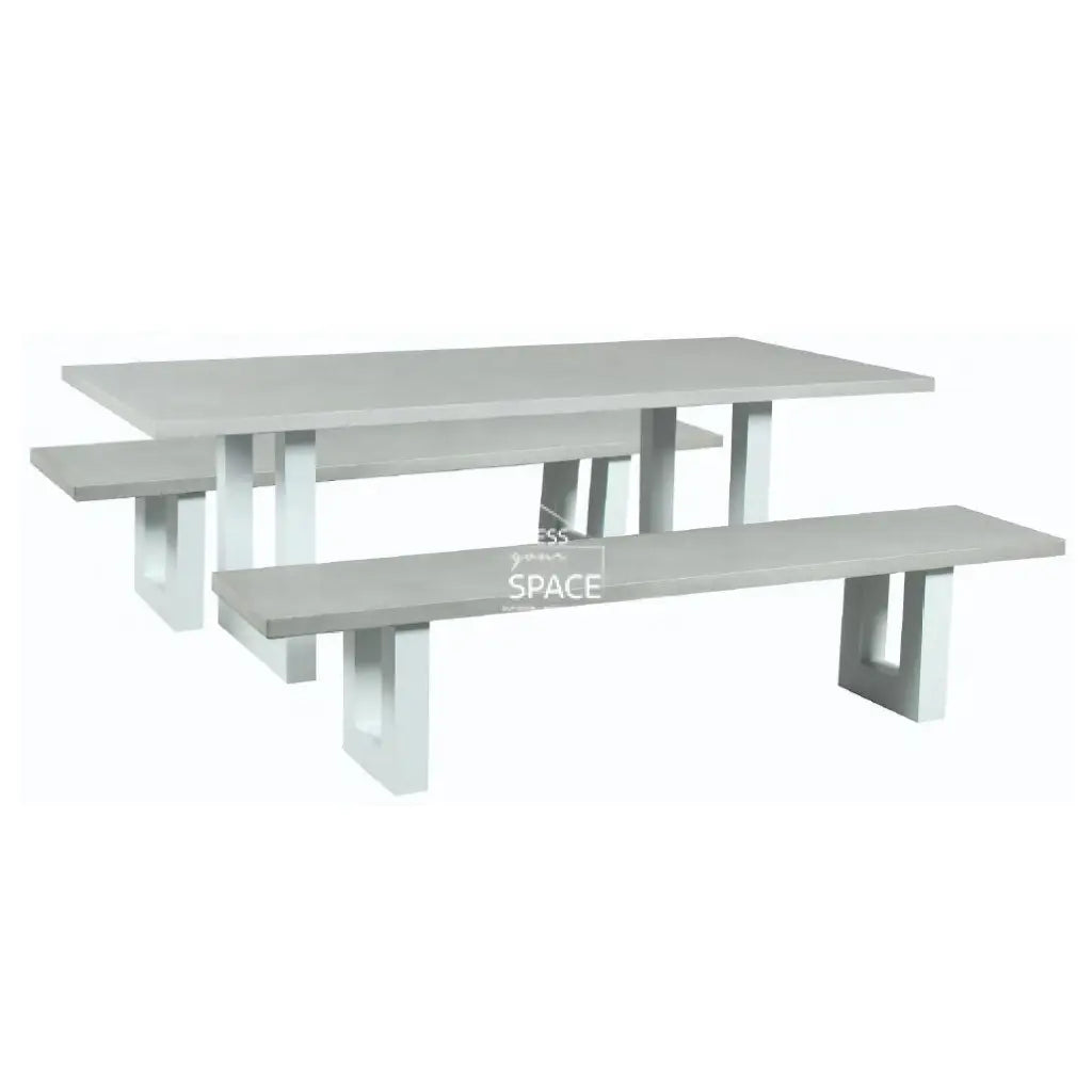 Leon - 3 Piece Concrete Bench Set - White Frame - Outdoor Dining Set - DYS Outdoor