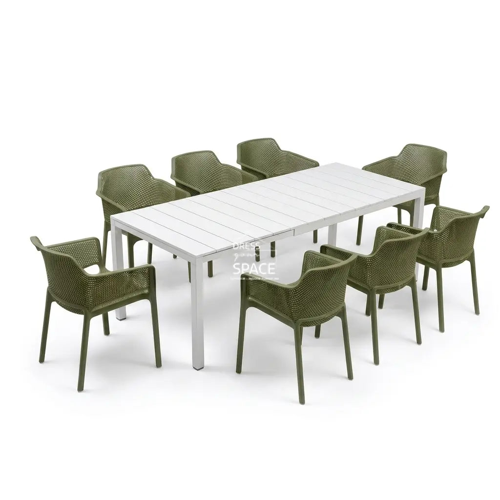 Nardi Rio Aluminium Extension Bianco (White) Table & Net Agave (Green) Chair 7 9 or 11 piece Dining Setting - Outdoor Dining Set - Nardi