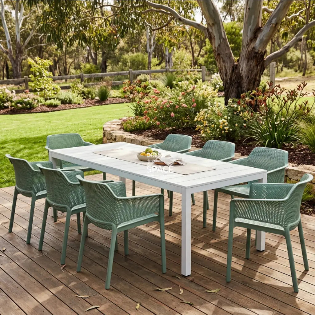 Nardi Rio Aluminium Extension Bianco (White) Table & Net Salice (Jade) Chair 7 9 or 11 piece Dining Setting - Outdoor Dining Set - Nardi