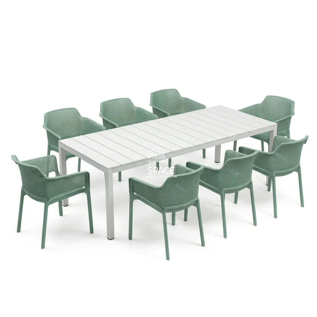 Nardi Rio Aluminium Extension Bianco (White) Table & Net Salice (Jade) Chair 7 9 or 11 piece Dining Setting - Outdoor Dining Set - Nardi