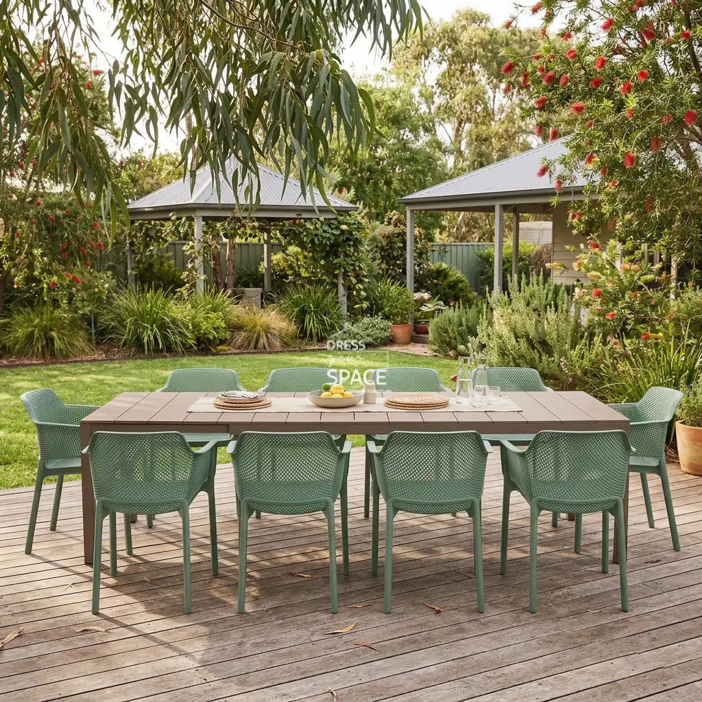 Nardi Rio Aluminium Extension Tortora (Taupe) Table & Net Salice (Jade) Chair 7 9 or 11 piece Dining Setting - Outdoor Dining Set - Nardi