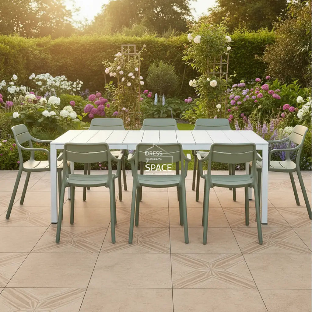 Nardi Rio Aluminium White Ext. & Cassia Cactus Arm Chairs 7 9 or 11 piece Dining Setting - Outdoor Dining Set - Nardi