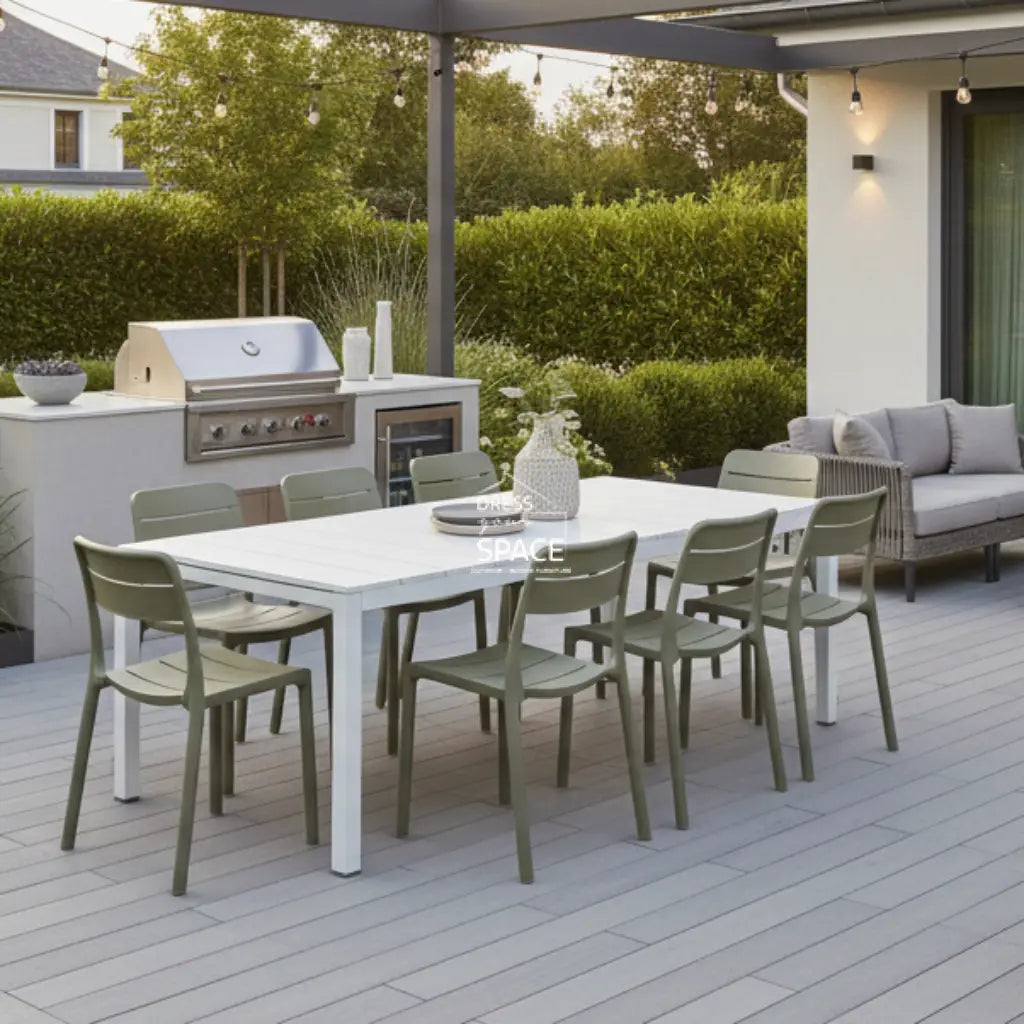 Nardi Rio Aluminium White Ext. & Cassia Cactus Armless Chairs 7 9 or 11 piece Dining Setting - Outdoor Dining Set - Nardi