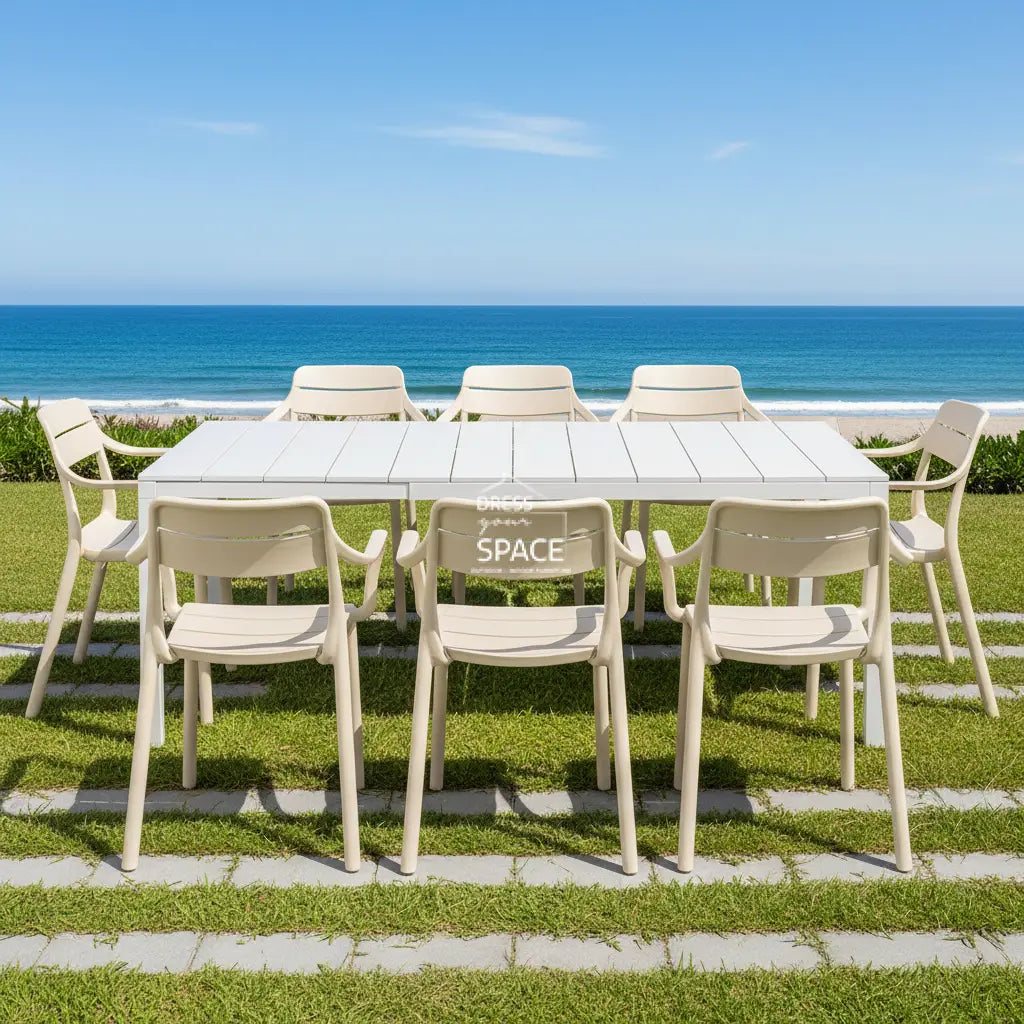 Nardi Rio Aluminium White Ext. & Cassia Corda Arm Chairs 7 9 or 11 piece Dining Setting - Outdoor Dining Set - Nardi