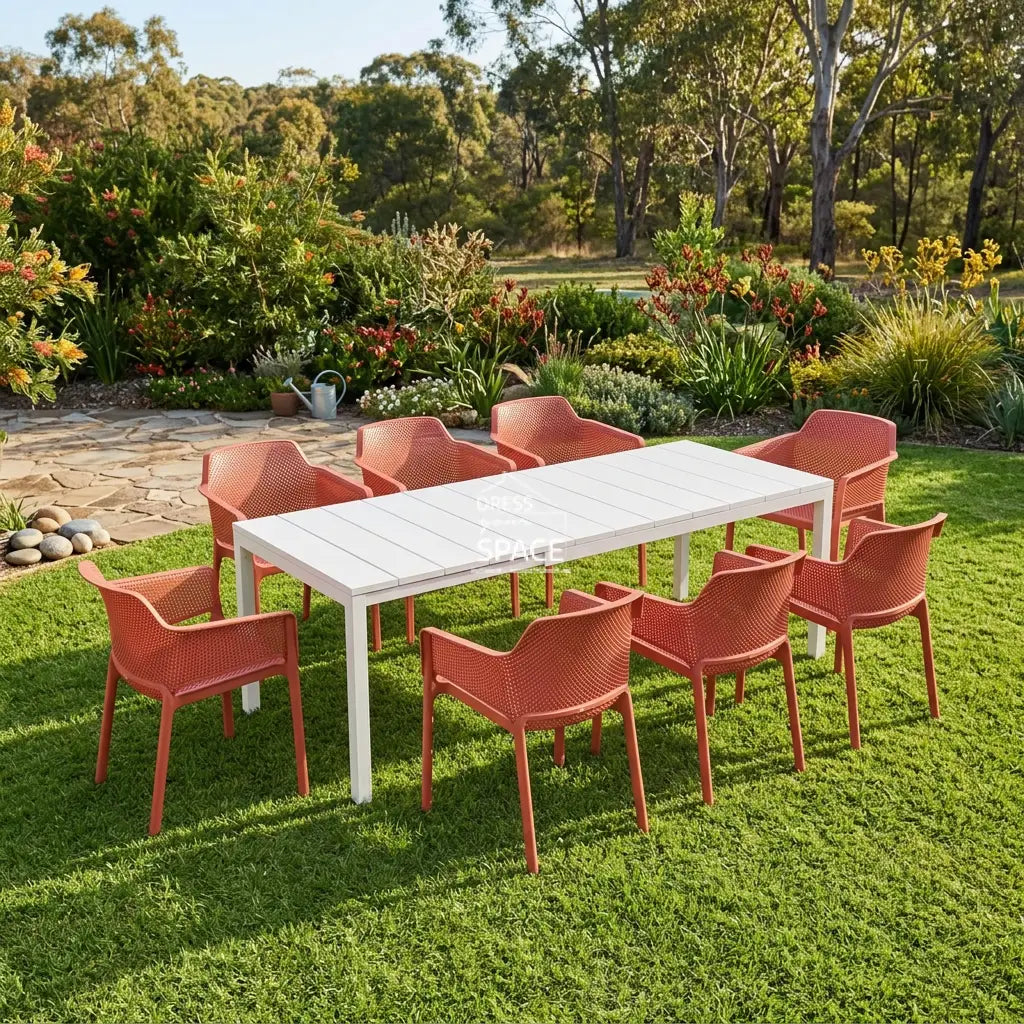 Nardi Rio Resin Extension Bianco (White) Table & Net Corallo (Coral) Chair 7 9 or 11 piece Dining Setting - Outdoor Dining Set - Nardi