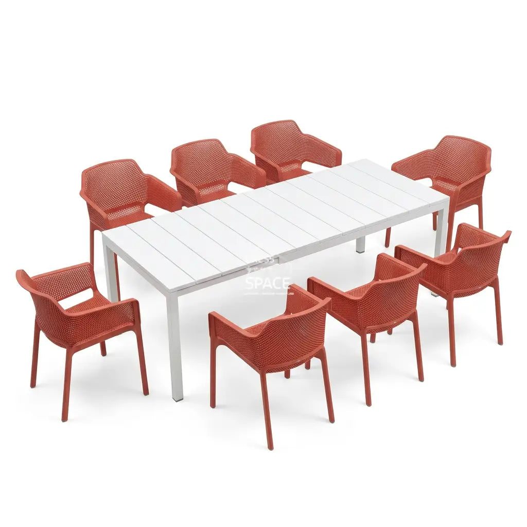 Nardi Rio Resin Extension Bianco (White) Table & Net Corallo (Coral) Chair 7 9 or 11 piece Dining Setting - Outdoor Dining Set - Nardi