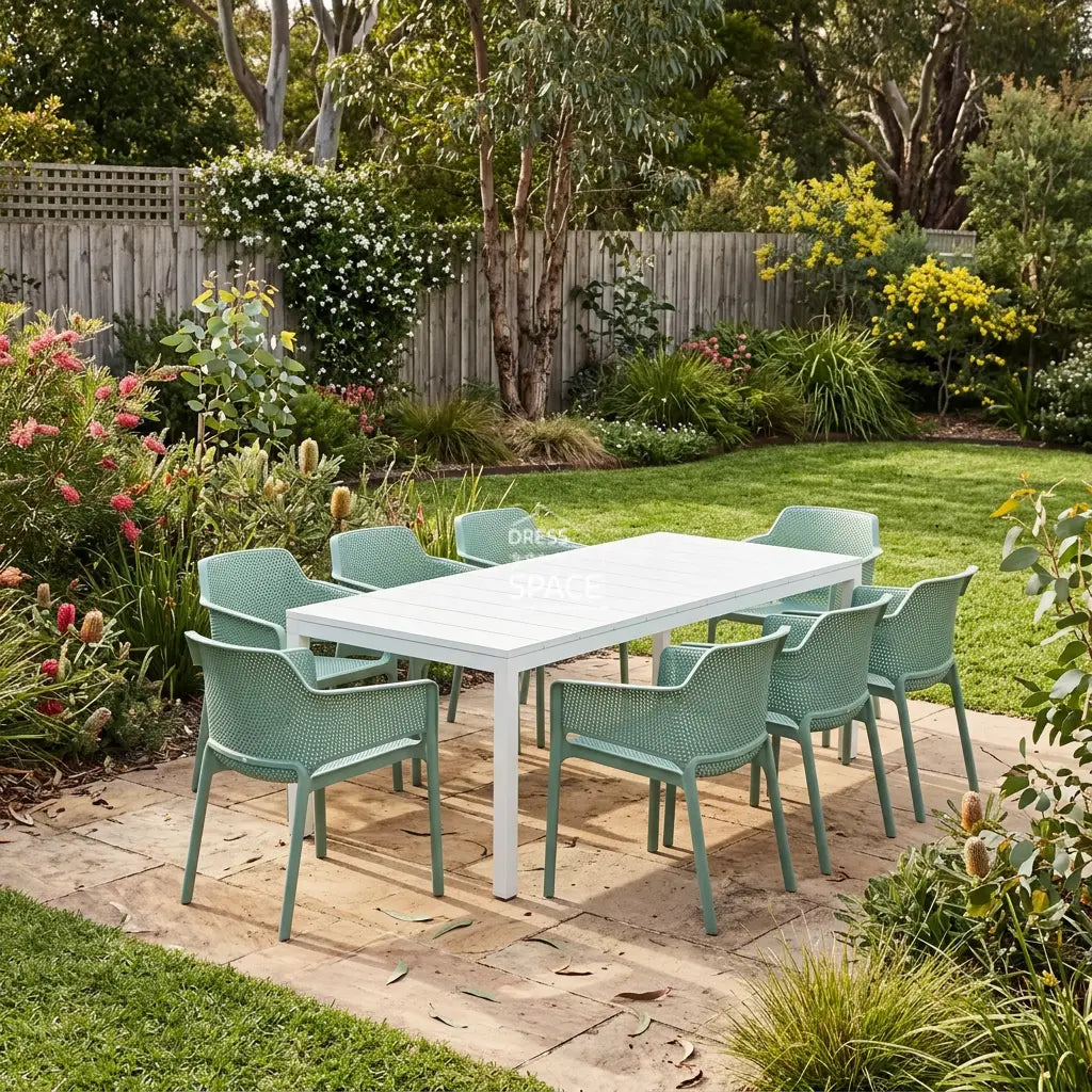 Nardi Rio Resin Extension Bianco (White) Table & Net Salice (Jade) Chair 7 9 or 11 piece Dining Setting - Outdoor Dining Set - Nardi