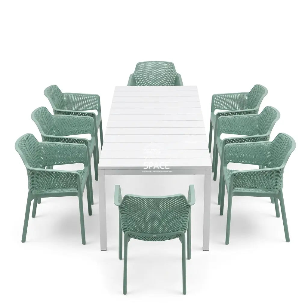 Nardi Rio Resin Extension Bianco (White) Table & Net Salice (Jade) Chair 7 9 or 11 piece Dining Setting - Outdoor Dining Set - Nardi