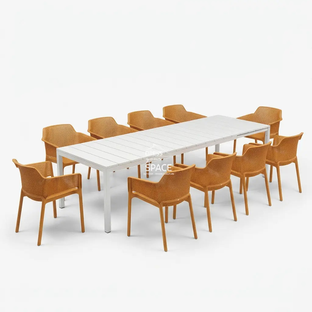 Nardi Rio Resin Extension Bianco (White) Table & Net Senape (Mustard) Chair 7 9 or 11 piece Dining Setting - Outdoor Dining Set - Nardi