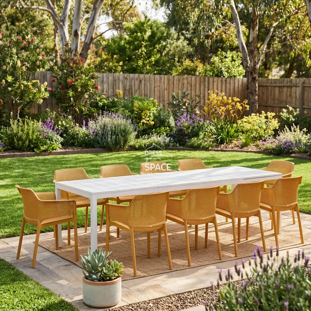 Nardi Rio Resin Extension Bianco (White) Table & Net Senape (Mustard) Chair 7 9 or 11 piece Dining Setting - Outdoor Dining Set - Nardi