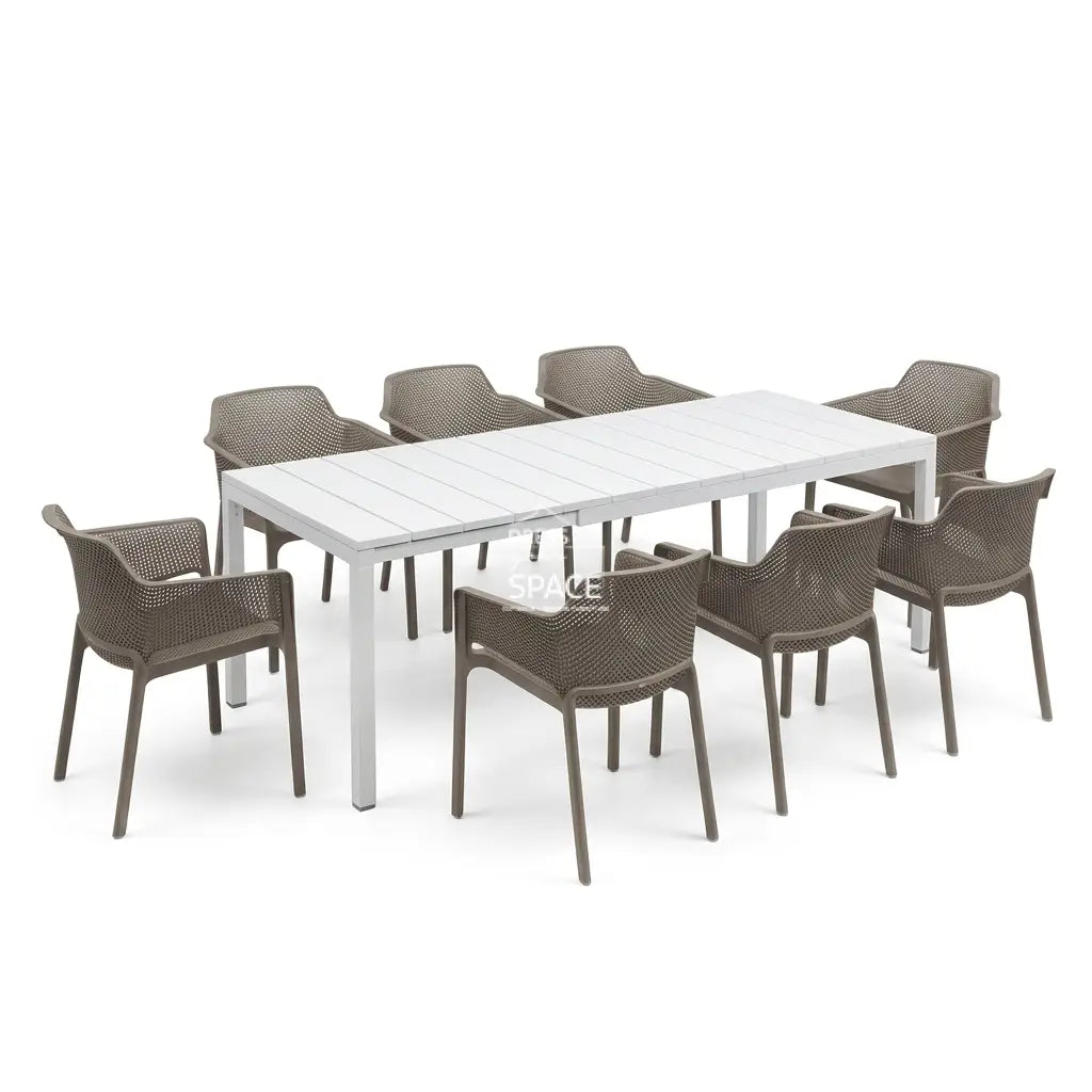 Nardi Rio Resin Extension Bianco (White) Table & Net Tortora (Taupe) Chair 7 9 or 11 piece Dining Setting - Outdoor Dining Set - Nardi