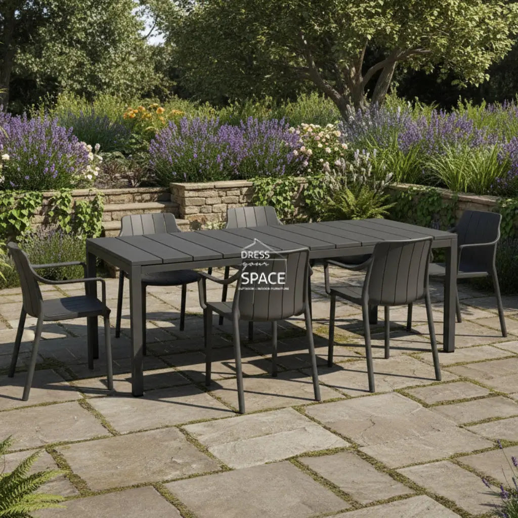 Nardi Rio Resin Top Extension Table with Tiberina Arm Chairs 7 9 or 11 piece Dining Setting - Anthracite - Outdoor Dining Set - Nardi