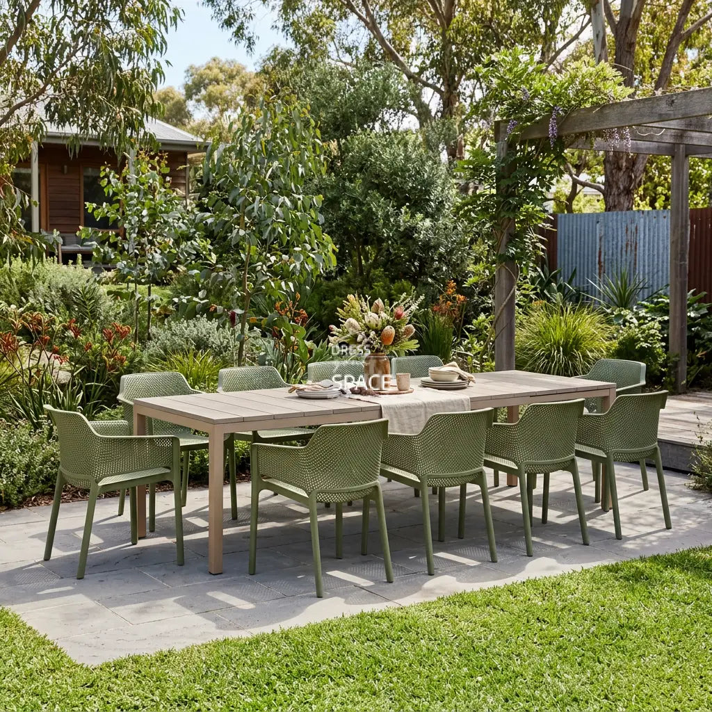 Nardi Rio Resin Extension Tortora (Taupe) Table & Net Agave (Green) Chair 7 9 or 11 piece Dining Setting - Outdoor Dining Set - Nardi