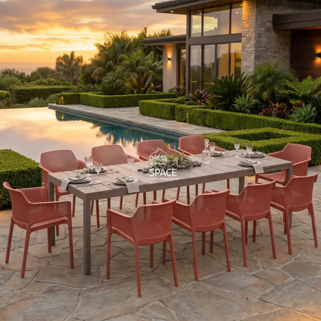 Nardi Rio Resin Extension Tortora (Taupe) Table & Net Corallo (Coral) Chair 7 9 or 11 piece Dining Setting - Outdoor Dining Set - Nardi