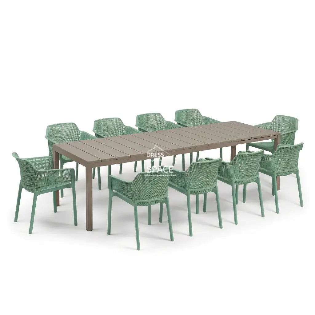 Nardi Rio Resin Extension Tortora (Taupe) Table & Net Salice (Jade) Chair 7 9 or 11 piece Dining Setting - Outdoor Dining Set - Nardi