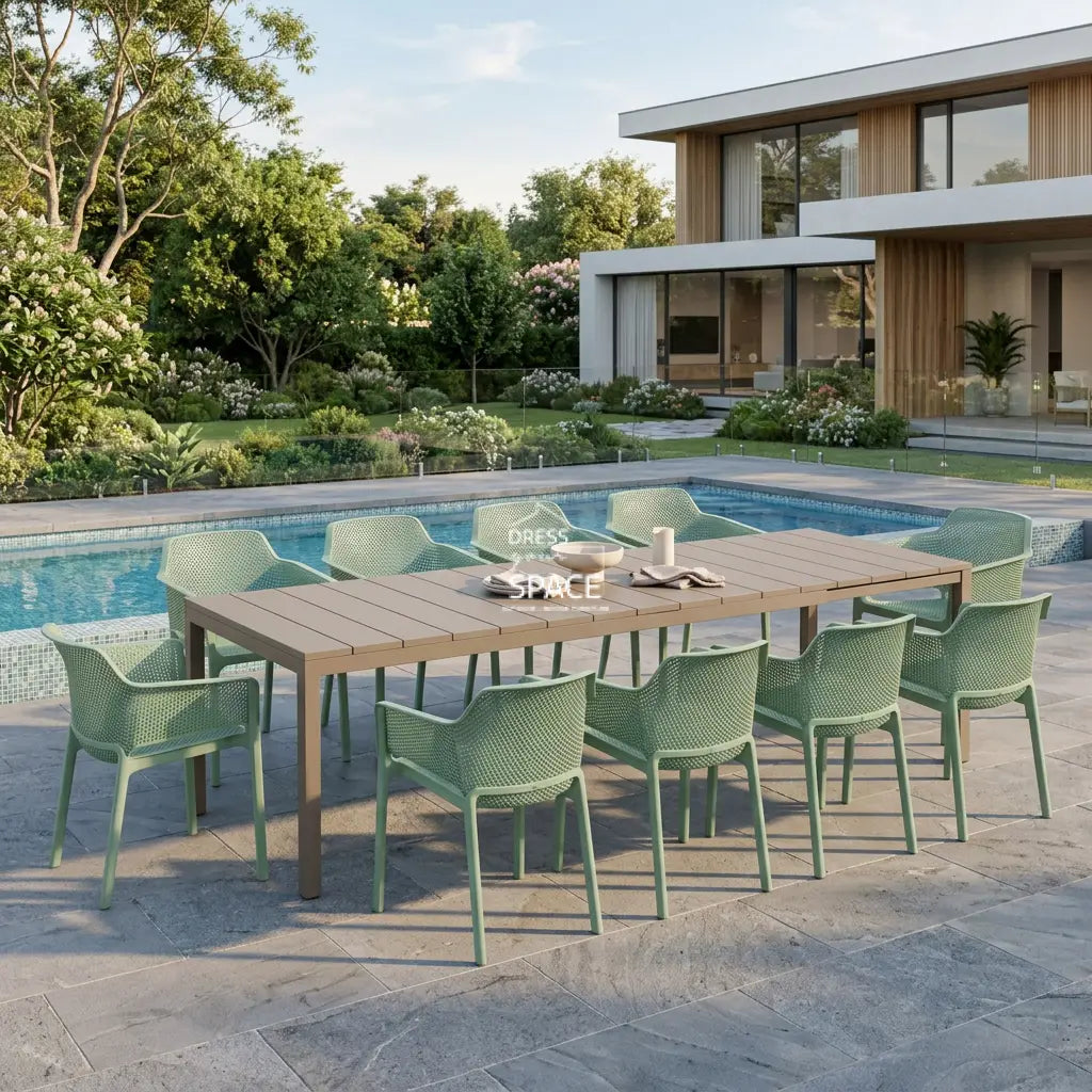 Nardi Rio Resin Extension Tortora (Taupe) Table & Net Salice (Jade) Chair 7 9 or 11 piece Dining Setting - Outdoor Dining Set - Nardi
