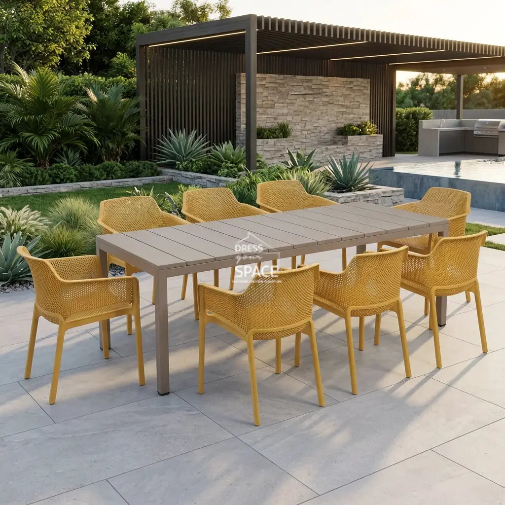 Nardi Rio Resin Extension Tortora (Taupe) Table & Net Senape (Mustard) Chair 7 9 or 11 piece Dining Setting - Outdoor Dining Set - Nardi